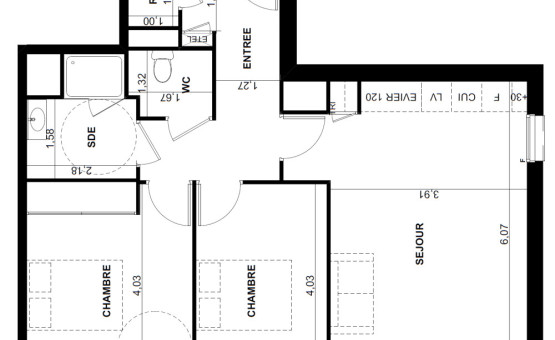 Appartement Type 3 - 59 m² - Troyes