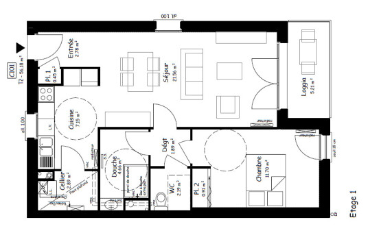 Appartement Type 2 - 56 m² - Troyes